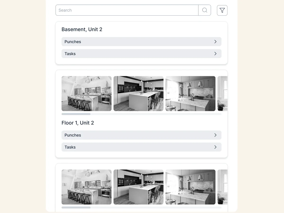 Grey tablet wireframe of a project’s units: search and filter, then unit cards with kitchen photos and links to their punches and tasks
