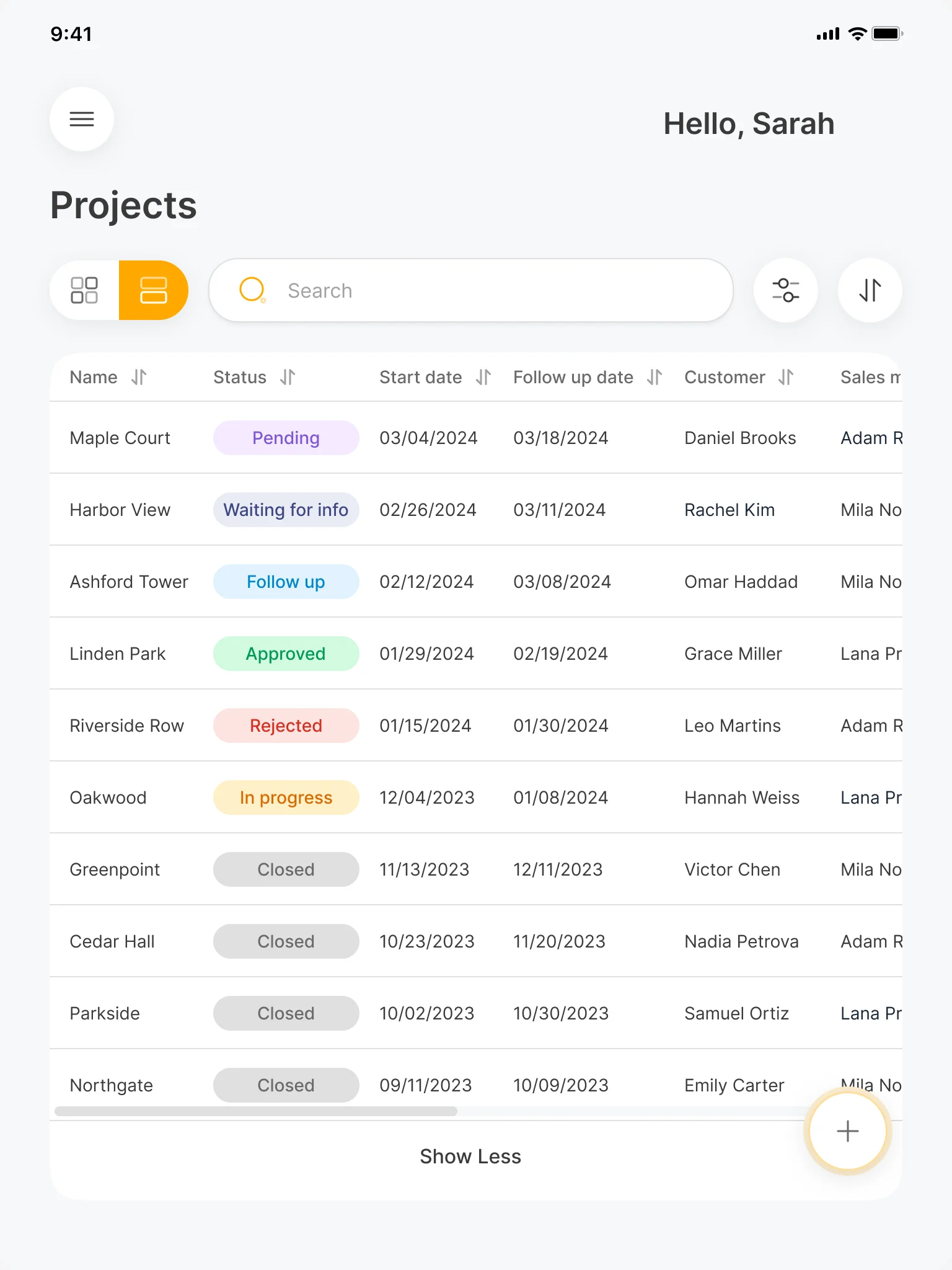 Cabinit projects register: ten projects with pending, waiting for info, follow up, approved, rejected, in progress and closed statuses, start and follow-up dates, customer and sales manager