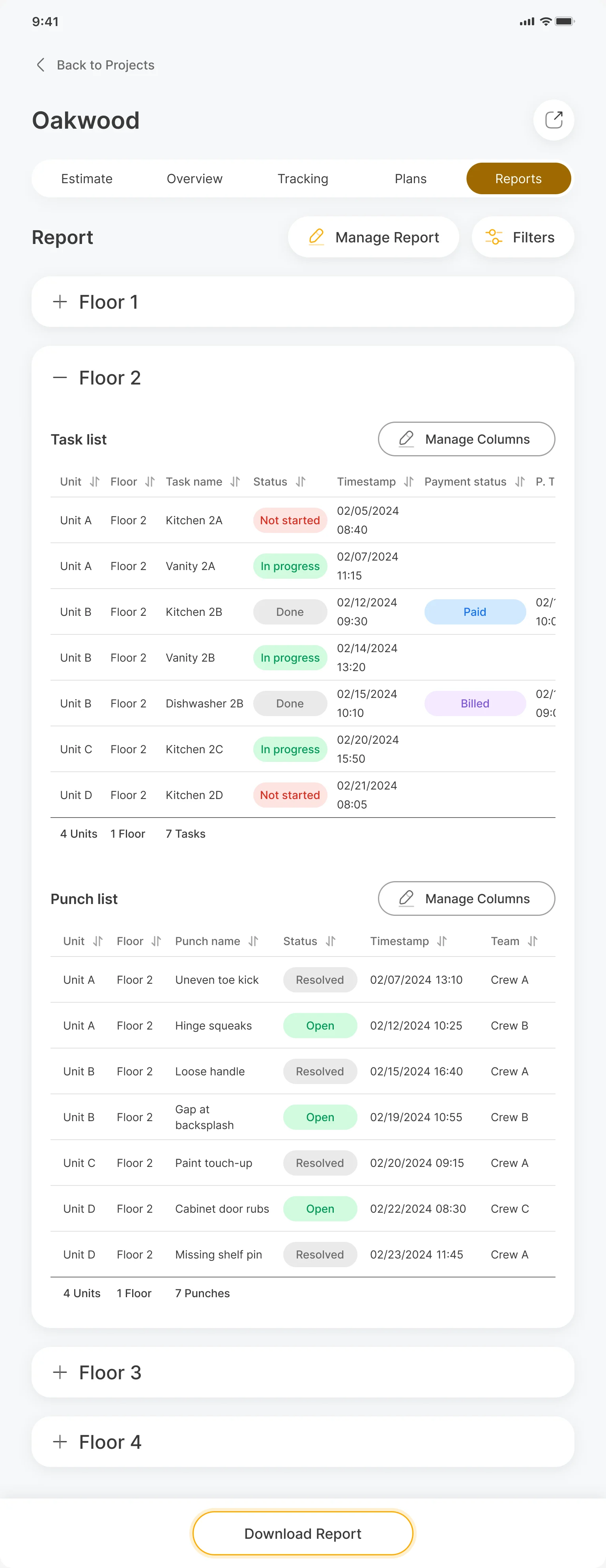 Oakwood report grouped by floor with floor 2 open: seven tasks by unit with status, timestamps and payment, seven punches by unit with status and crew, and the Download Report button