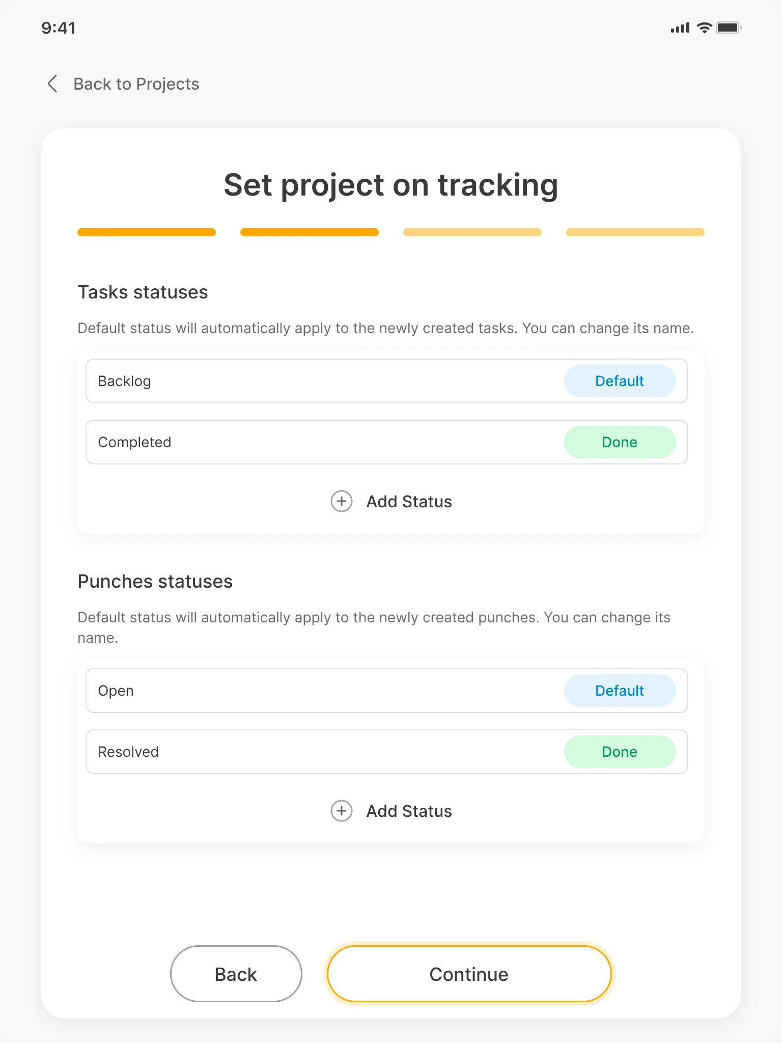 Set project on tracking, second step: task statuses Backlog and Completed, punch statuses Open and Resolved, each with a default