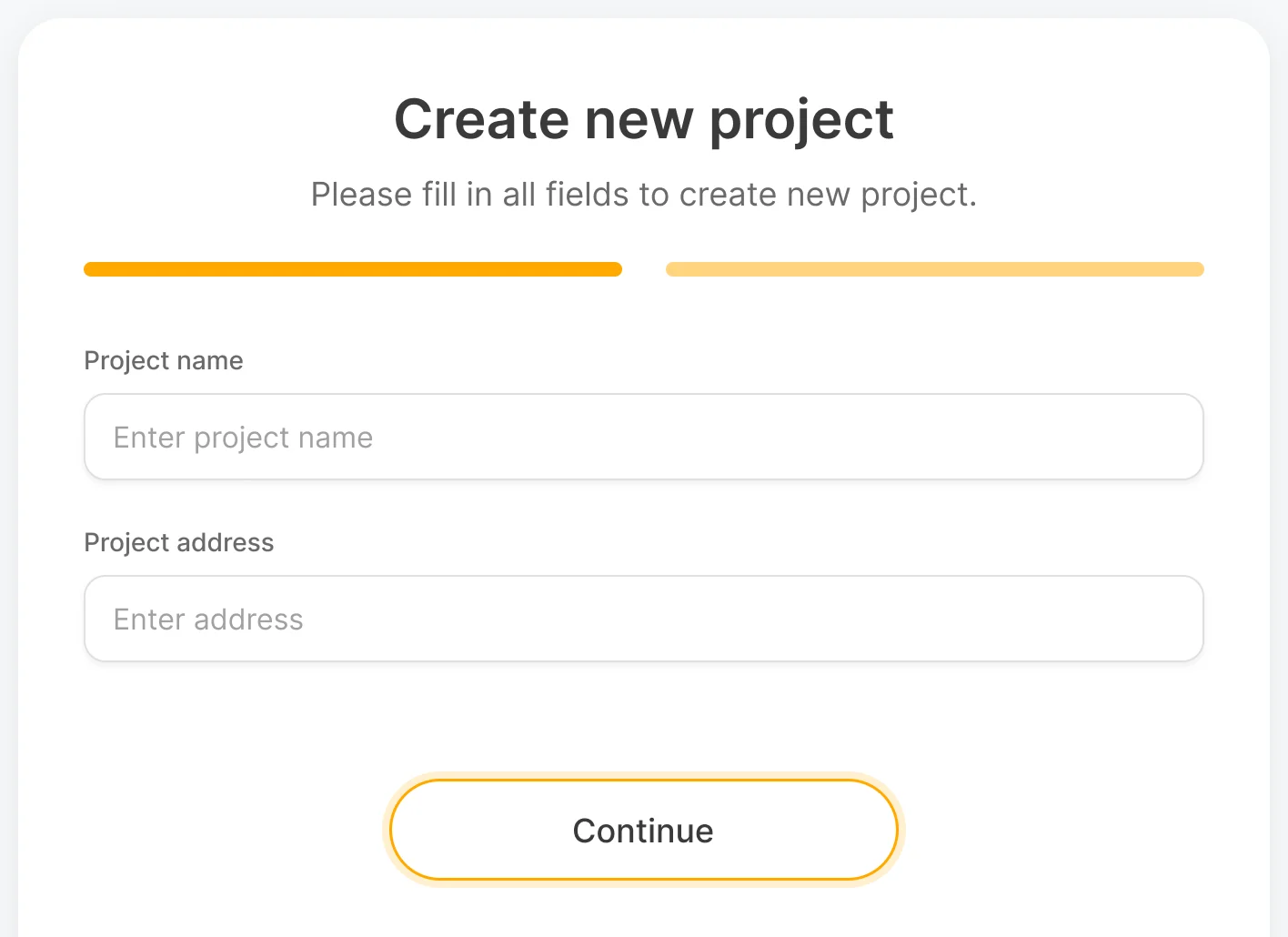 Create new project, first step, empty: project name and address fields with placeholders