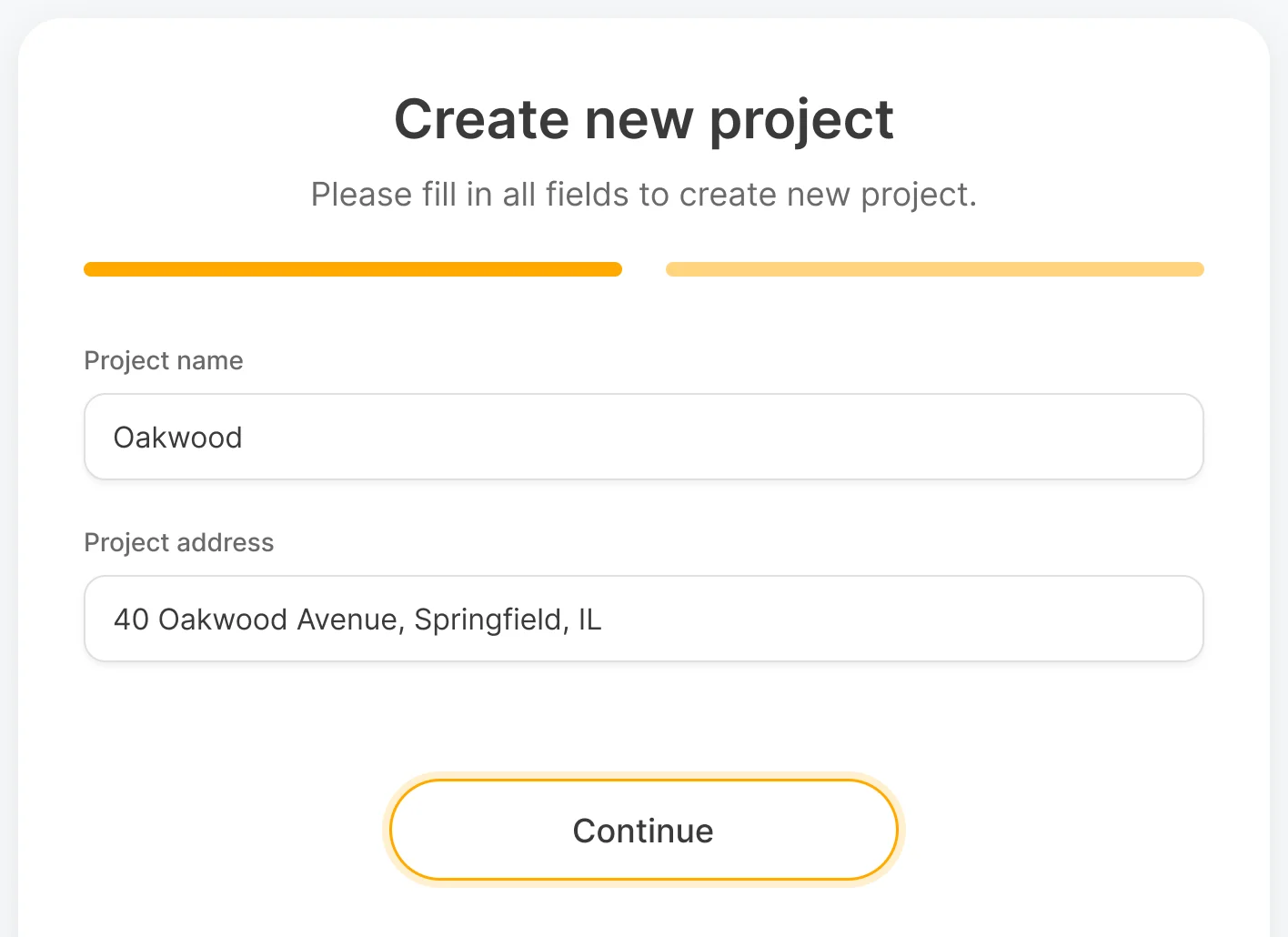 Create new project filled in: Oakwood, 40 Oakwood Avenue, Springfield, IL