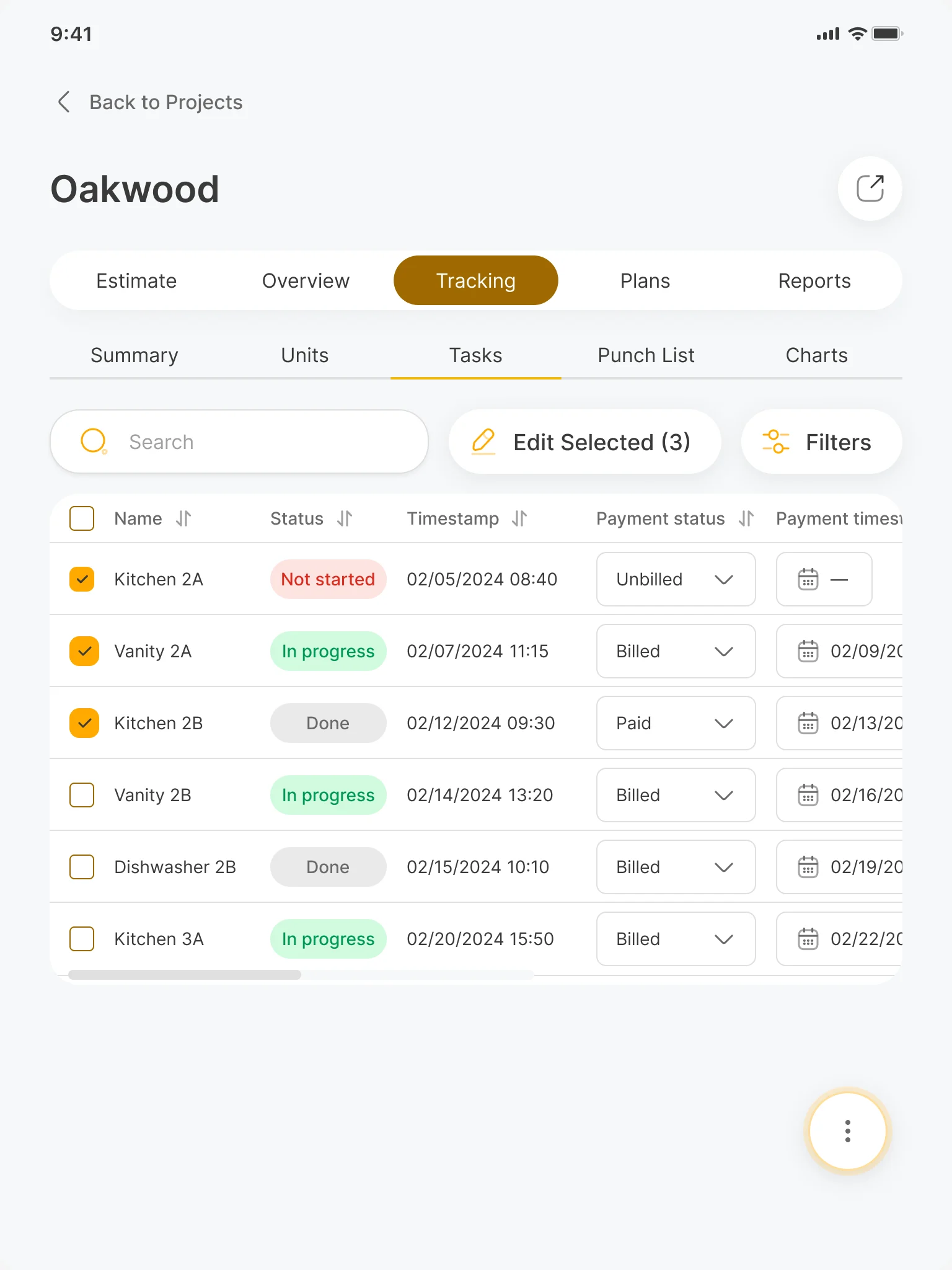 Oakwood tasks table with three rows selected and the Edit Selected (3) button, statuses, timestamps and payment states