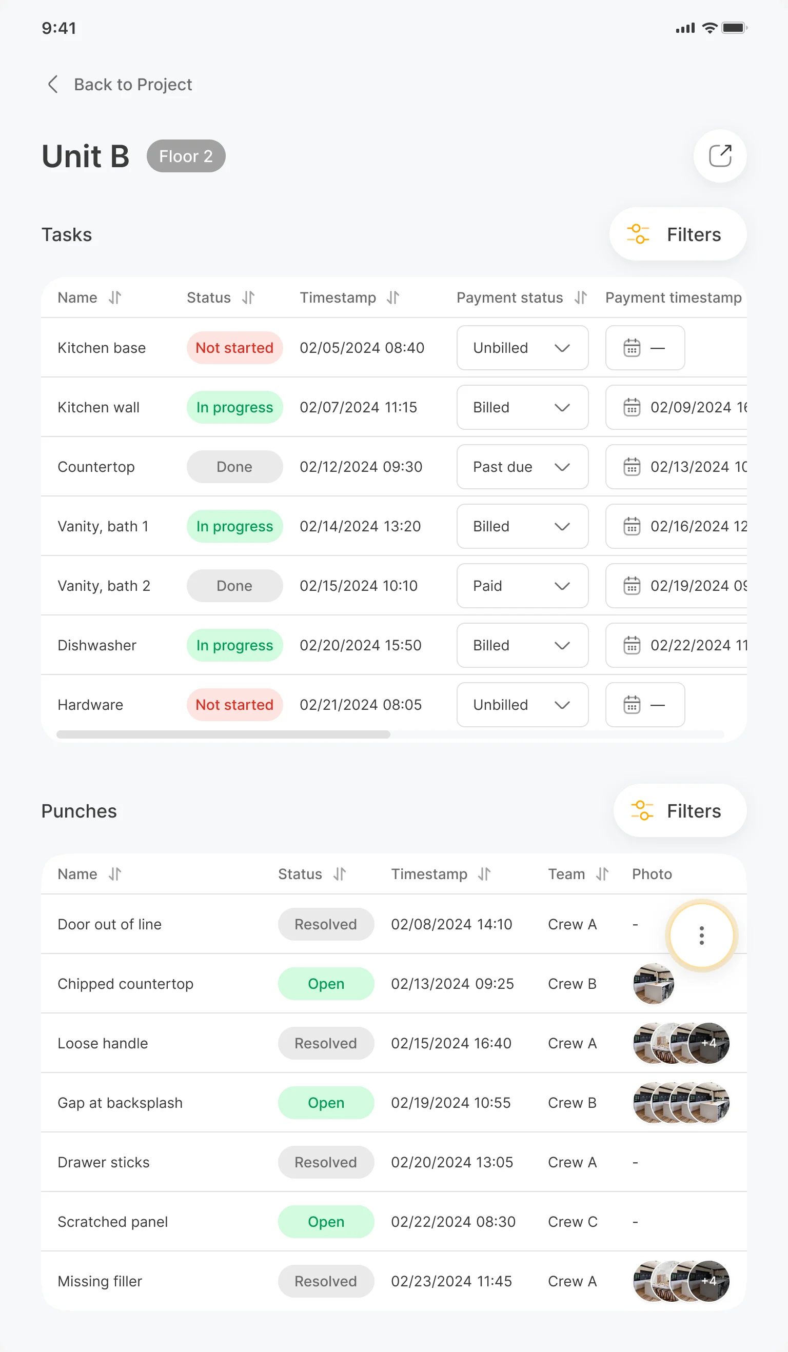 Unit B on floor 2: seven tasks with status, timestamp, payment status and payment date, and seven punches with status, timestamp, crew and photos