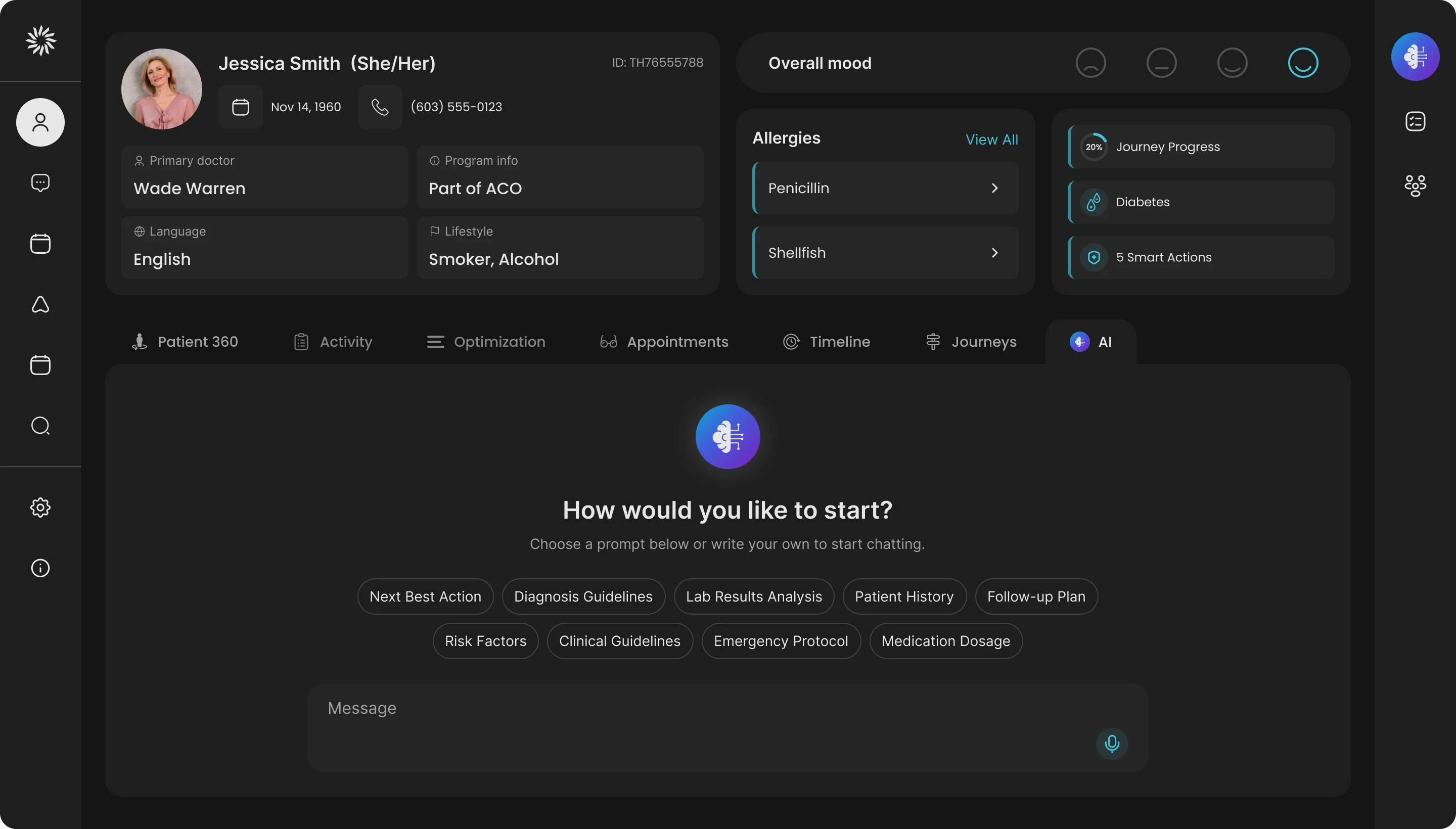 The AI tab in a patient record with the question How would you like to start, nine prompt chips such as Next Best Action and Lab Results Analysis, and a message field