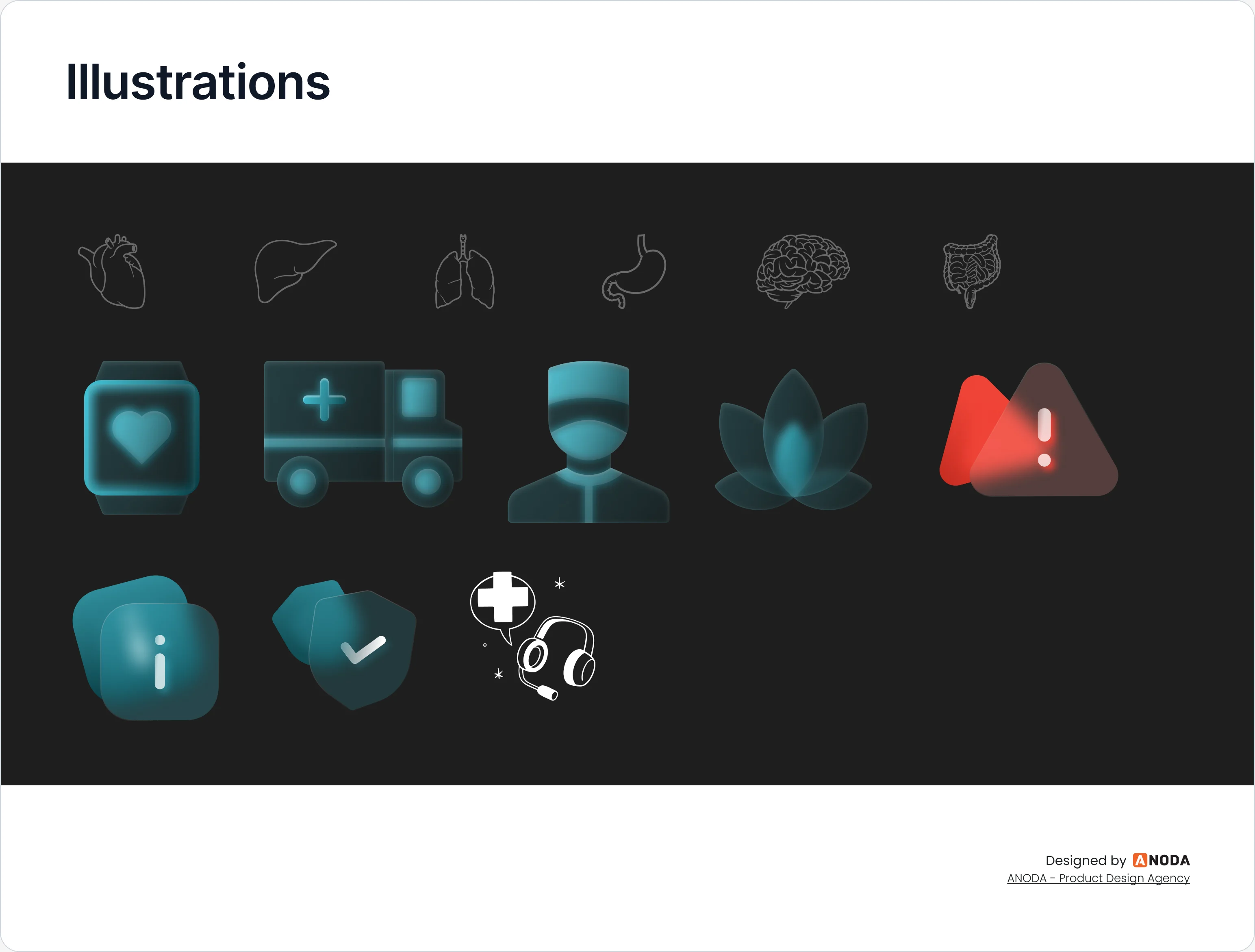 The UI kit’s Illustrations sheet on dark: line drawings of a heart, liver, lungs, stomach, brain and intestines, then teal glass icons of a smartwatch with a heart, an ambulance, a doctor in a cap and mask, a lotus, an info card and a shield with a check, a red warning sign and a white support headset beside a medical cross