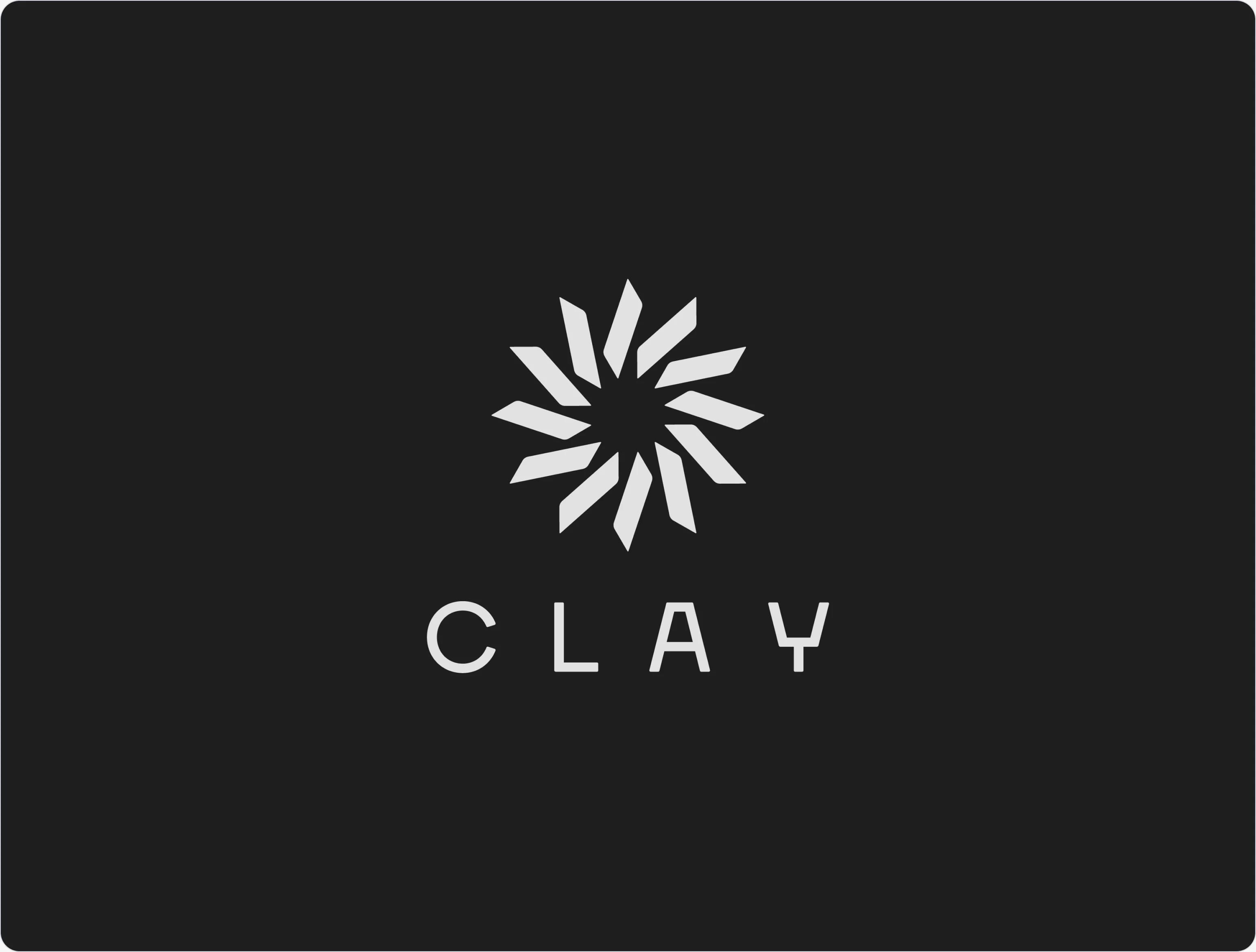 The Clay logo, a radiating mark above the spaced CLAY wordmark, in light grey on the UI kit’s near-black background