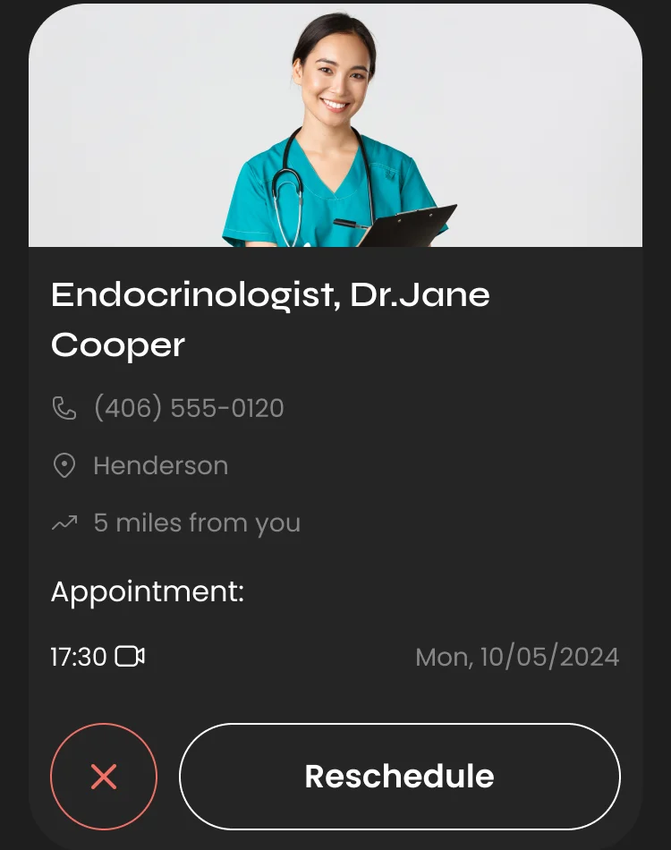 The provider card in the upcoming list: photo, name, phone, city, distance, the appointment time, a cancel button and a Reschedule button