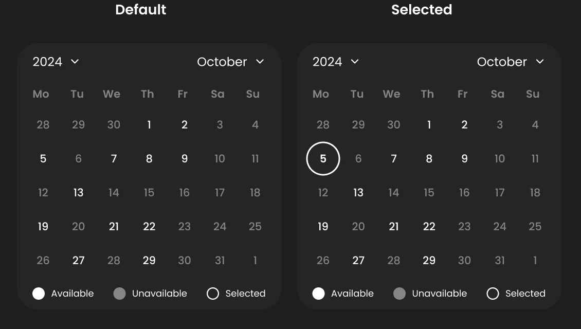 The UI kit: the calendar default and with a day selected, with a legend for available, unavailable and selected days
