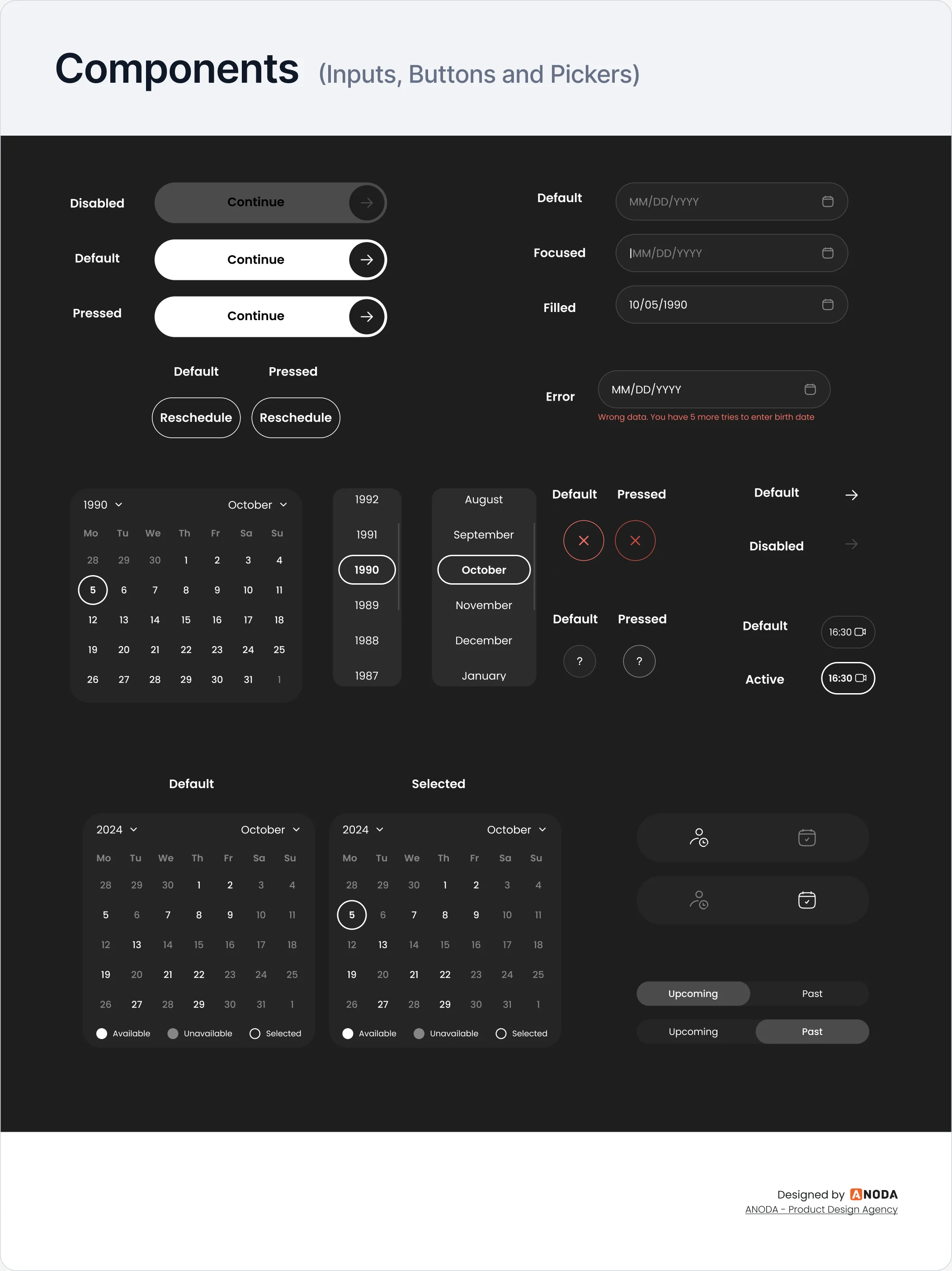 The mobile UI kit sheet Components (inputs, buttons and pickers): buttons, date fields, calendars, pickers, tab switches and status controls, each in its states