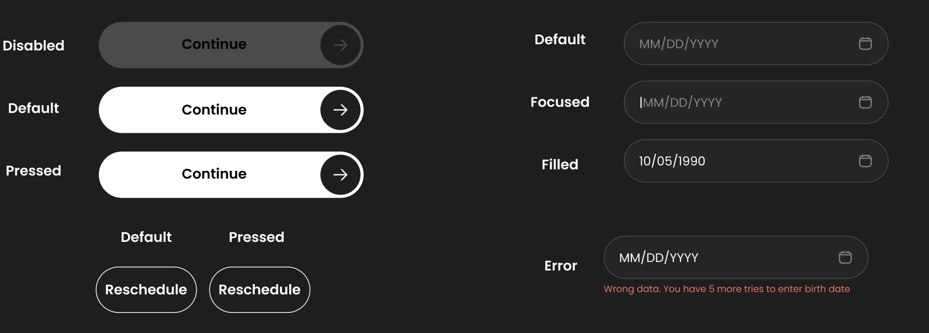 The UI kit: a Continue button disabled, default and pressed, a Reschedule button default and pressed, and a date field default, focused, filled and with an error message