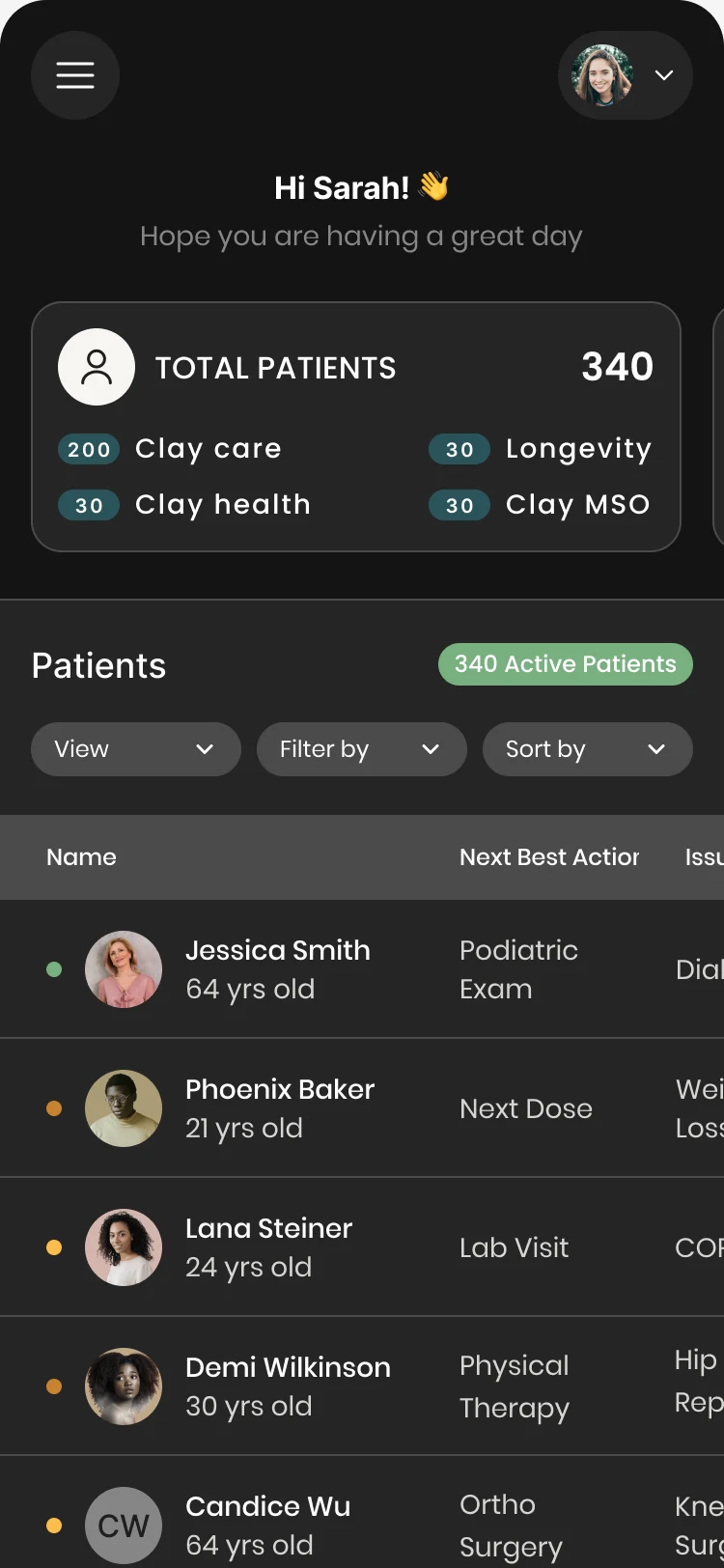 The patient list on a phone: a menu button, the greeting, a stat card, three controls in a row and the first rows of the table