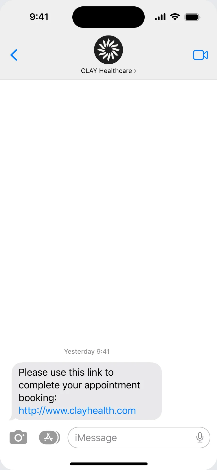A text message thread from Clay Healthcare with a link to complete an appointment booking