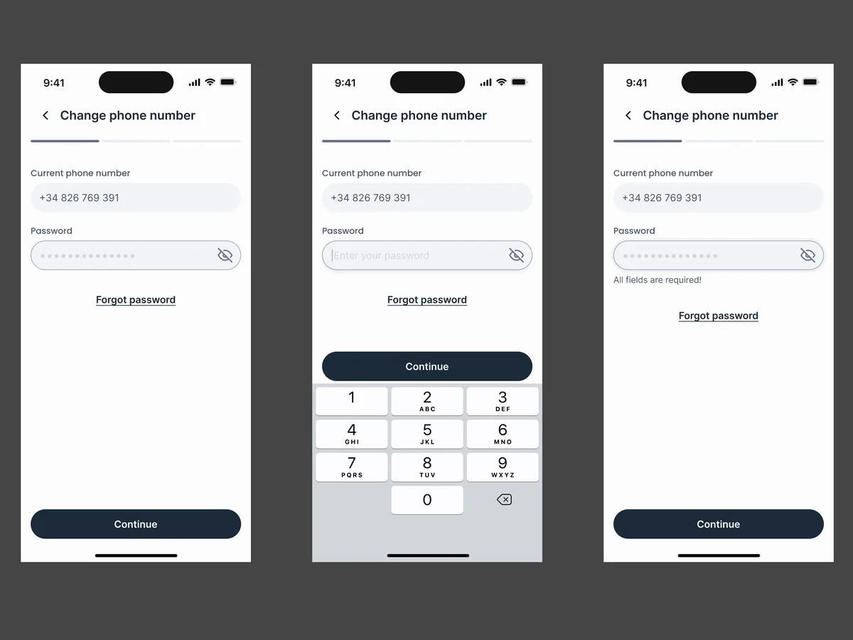 Three patient-app wireframes for changing the phone number: the password step empty, with the keypad, and with the required-field error