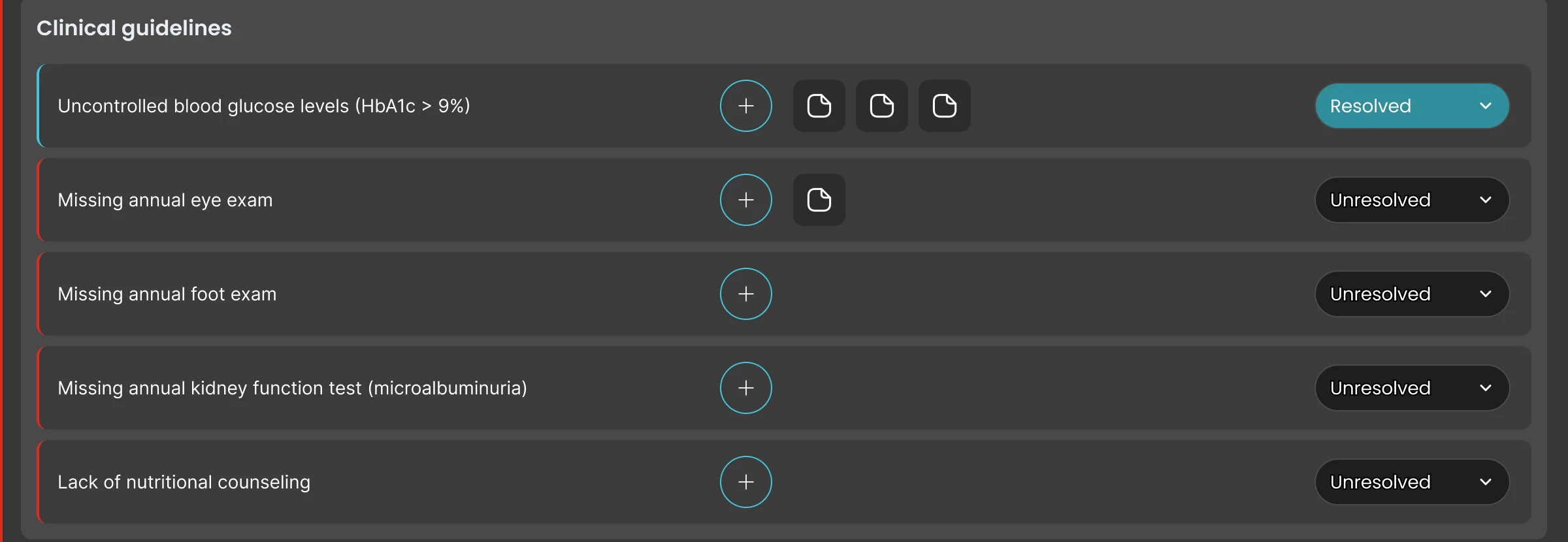 Five clinical guidelines in the care team’s app, one with a Resolved dropdown and four with Unresolved dropdowns, marked by teal and red edges