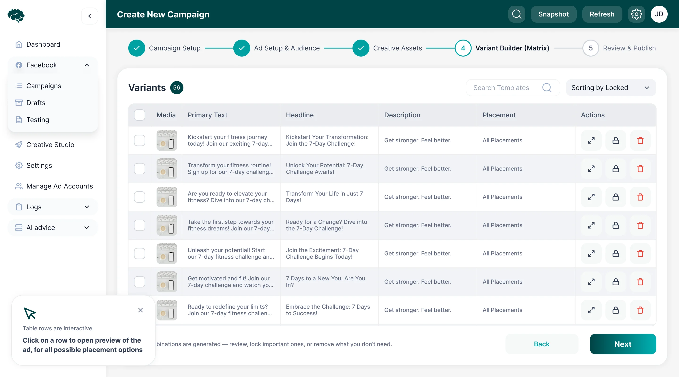 Create New Campaign, the variant builder: 56 generated variants in a table of media, primary text, headline, description and placement, each with expand, lock and delete actions