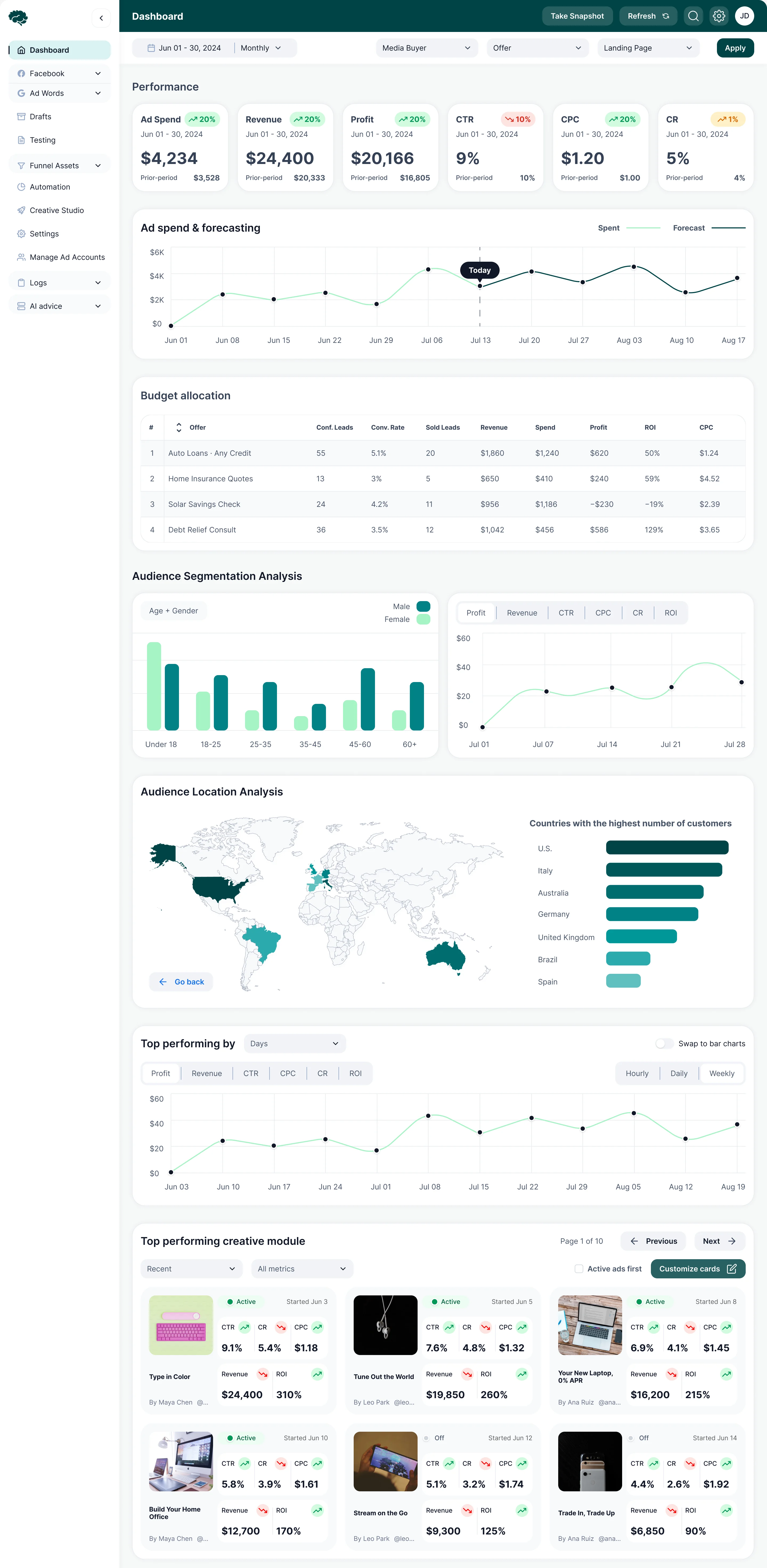 Concussion Media dashboard: performance cards, ad spend with its forecast, budget allocation by offer, audience segmentation and location, top performing days and the top performing creatives