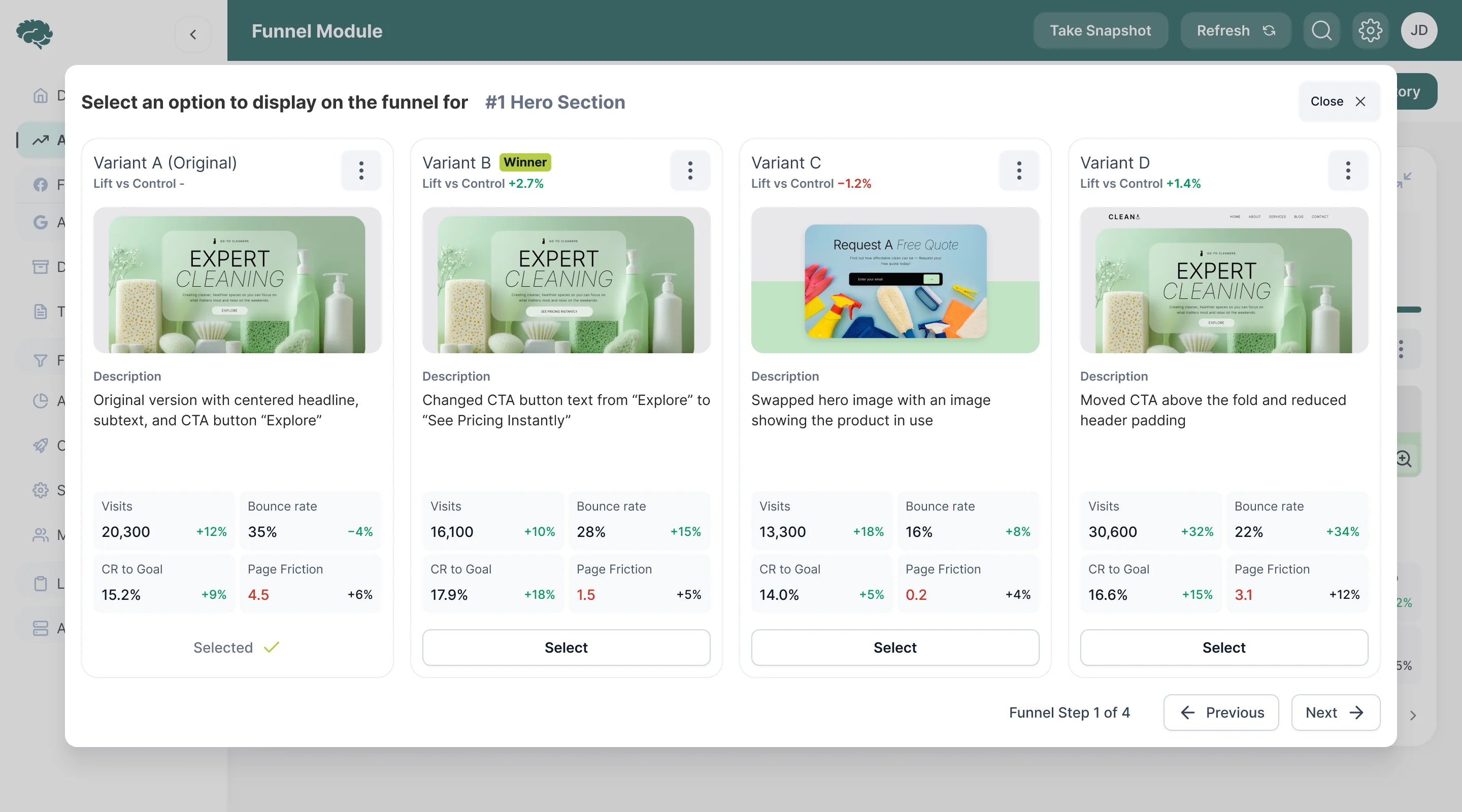 Funnel module with the variant picker open: four variants of the hero section, each with its change and its numbers