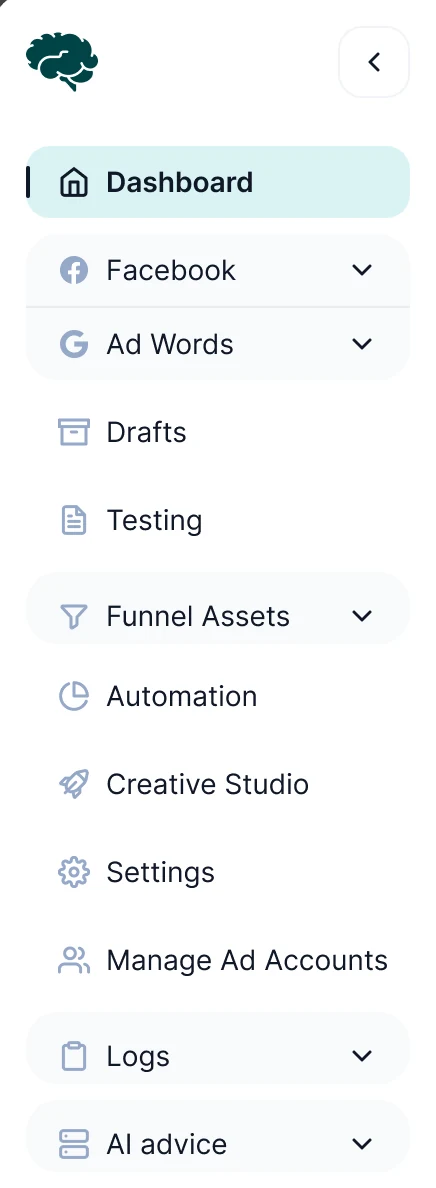 Concussion Media side menu: Dashboard, Facebook, Ad Words, Drafts, Testing, Funnel Assets, Automation, Creative Studio, Settings, Manage Ad Accounts, Logs and AI advice