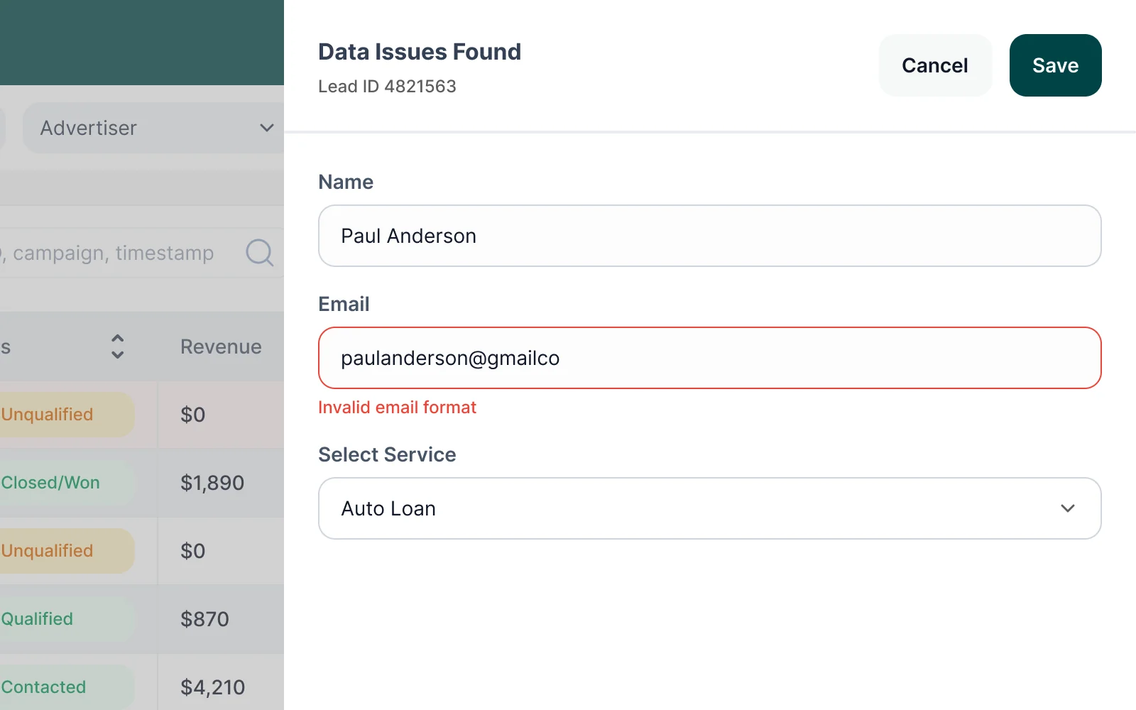 Data issues found on a lead: the email field flagged as an invalid format, to fix and save