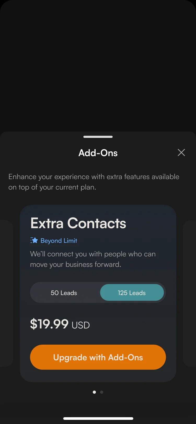 Add-Ons sheet: Extra Contacts, Beyond Limit, with 50 or 125 leads and Upgrade with Add-Ons