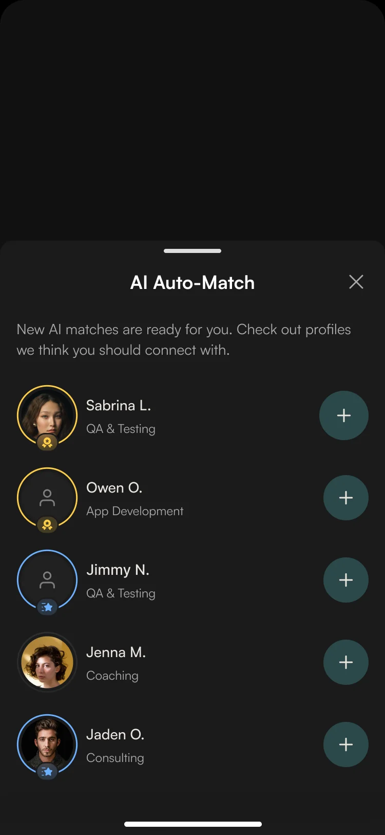 AI Auto-Match sheet: new matches Sabrina L., Owen O., Jimmy N., Jenna M. and Jaden O., each with a field and an add button