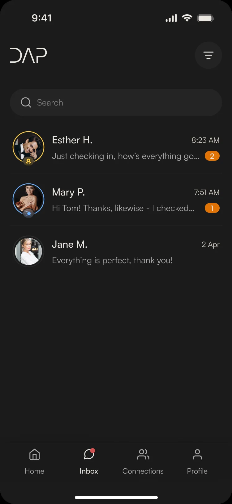 Chat list: Esther H. and Mary P. with unread counts, and Jane M.