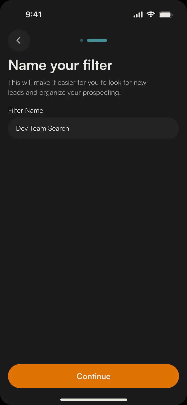Name your filter: the name Dev Team Search entered, with Continue
