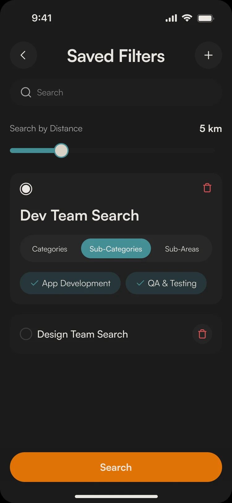 Saved Filters: Search by Distance at 5 km, Dev Team Search open with App Development and QA & Testing, and Design Team Search