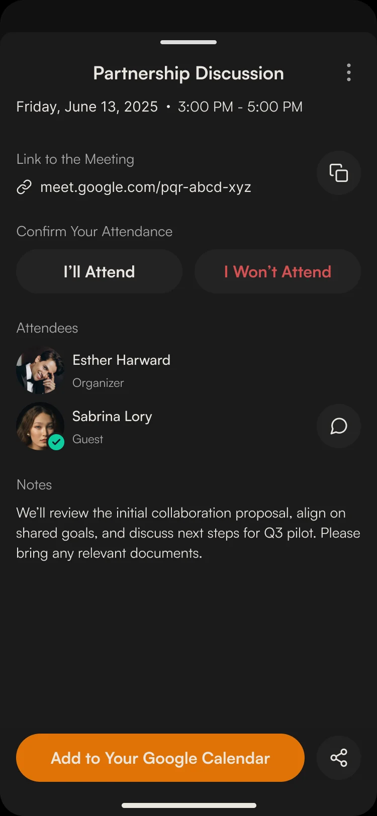Partnership Discussion details: date and time, the meeting link, I’ll Attend and I Won’t Attend, the organizer and a guest, and notes