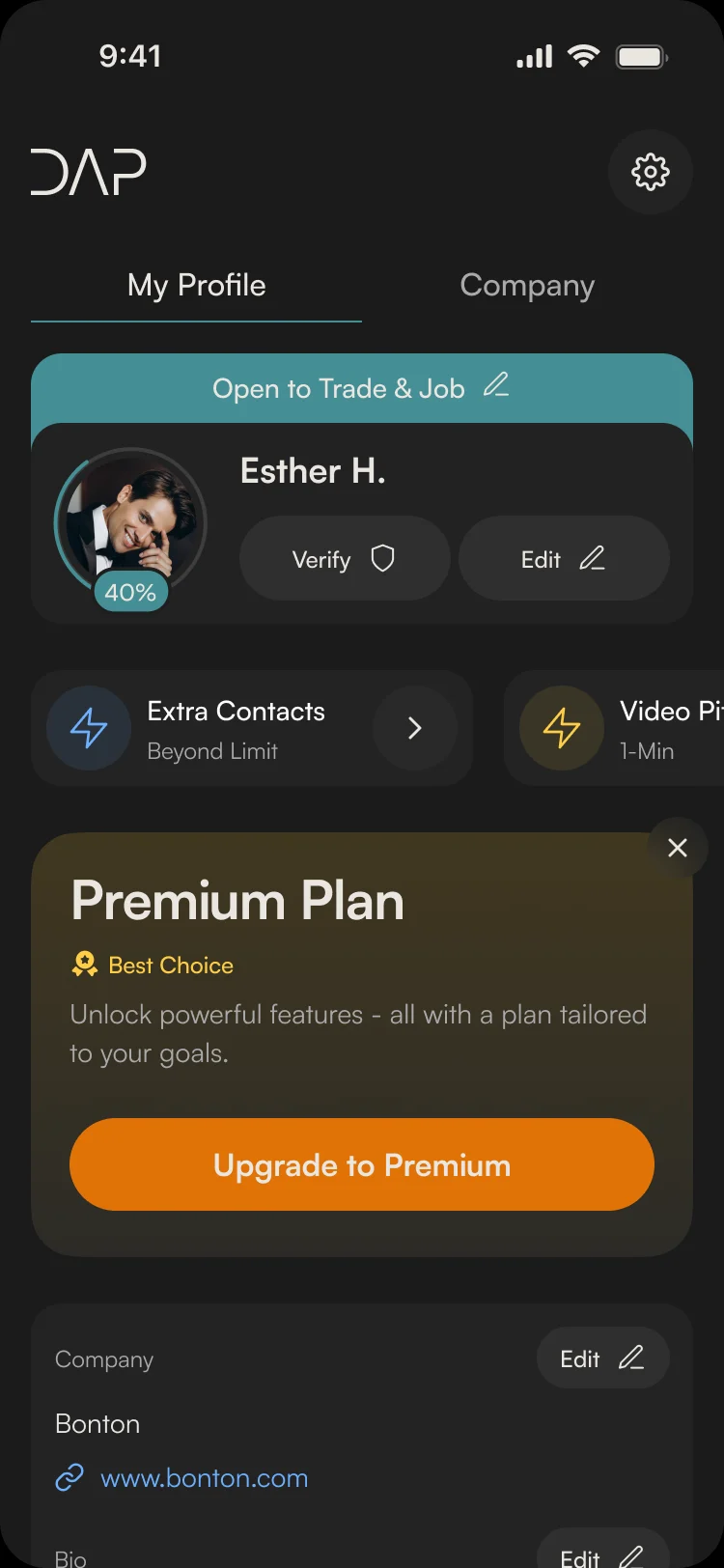 My Profile: Open to Trade & Job, Verify and Edit, Extra Contacts and Video Pitch add-ons, and a Premium Plan offer