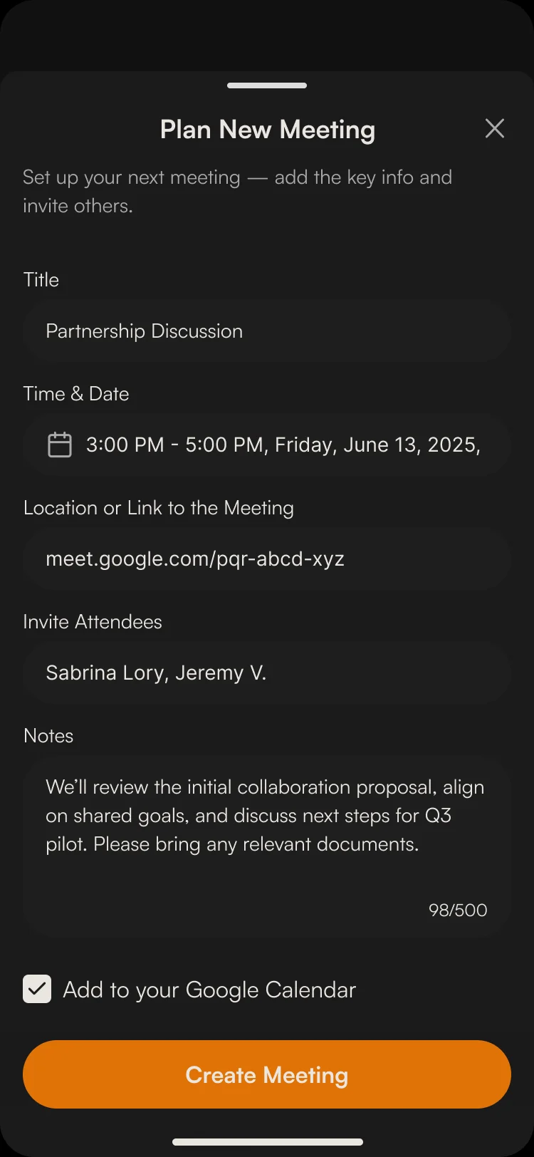 Plan New Meeting: Partnership Discussion, Friday June 13 from 3 to 5 PM, a Google Meet link, two attendees, notes and Add to your Google Calendar checked