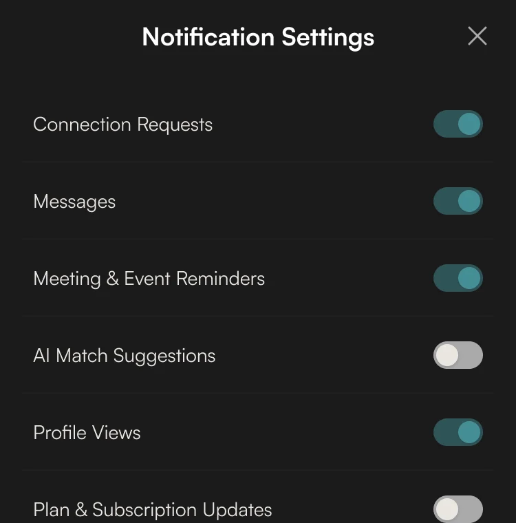 Notification Settings sheet: connection requests, messages, reminders, AI match suggestions, profile views and plan updates, each with a toggle