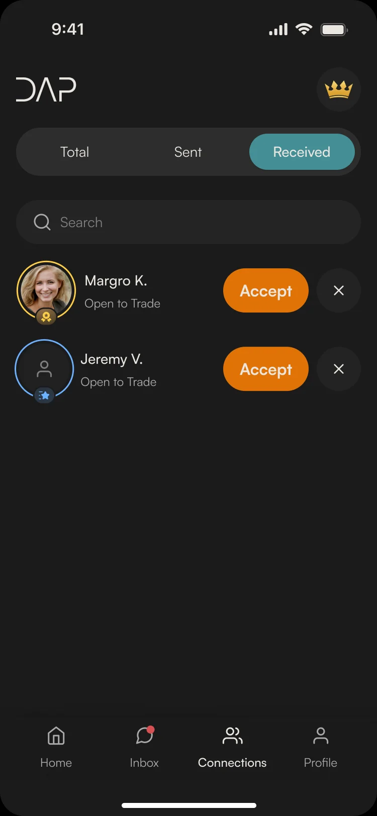 Connections, Received tab: requests from Margro K. and Jeremy V., each with Accept and a decline button