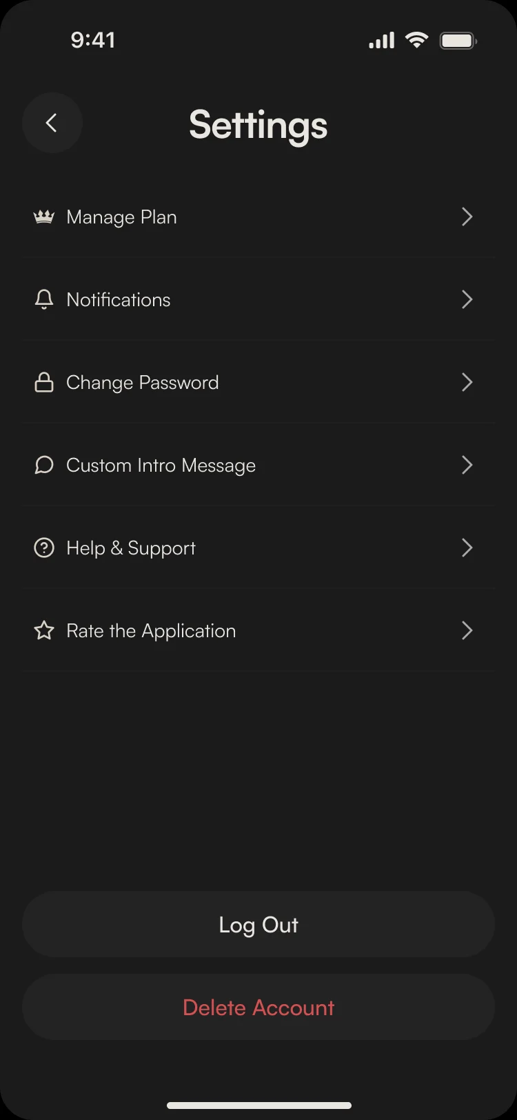 DAP settings: Manage Plan, Notifications, Change Password, Custom Intro Message, Help & Support and Rate the Application, then Log Out and Delete Account
