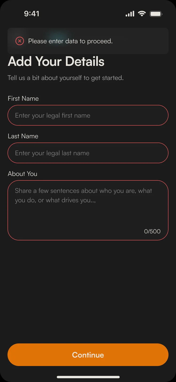 Add Your Details with first and last name and About You outlined in red, and the message Please enter data to proceed