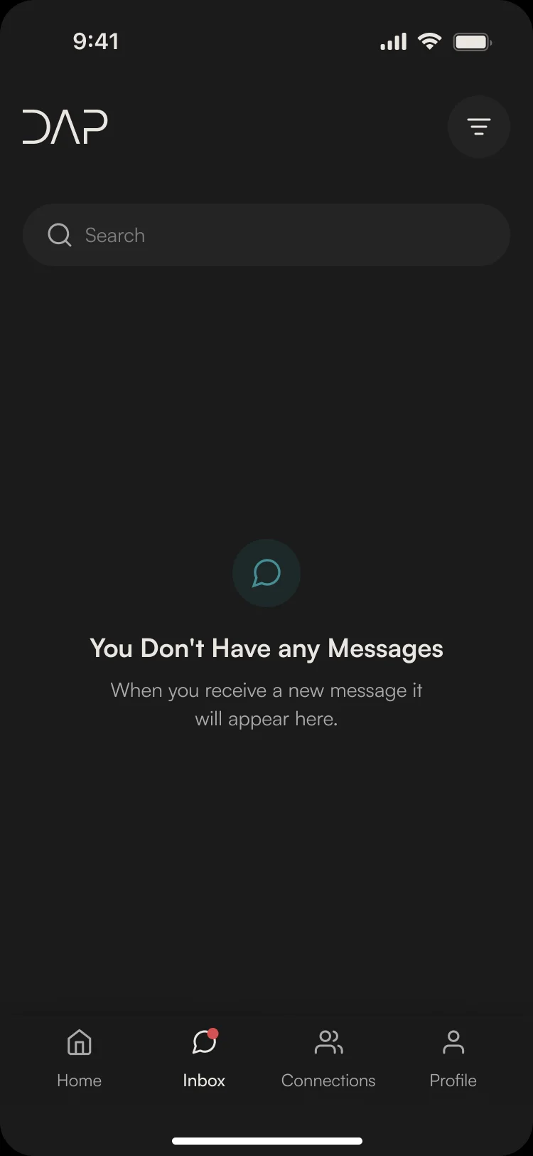 Inbox with no chats: You Don’t Have any Messages, and a note that new ones will appear here