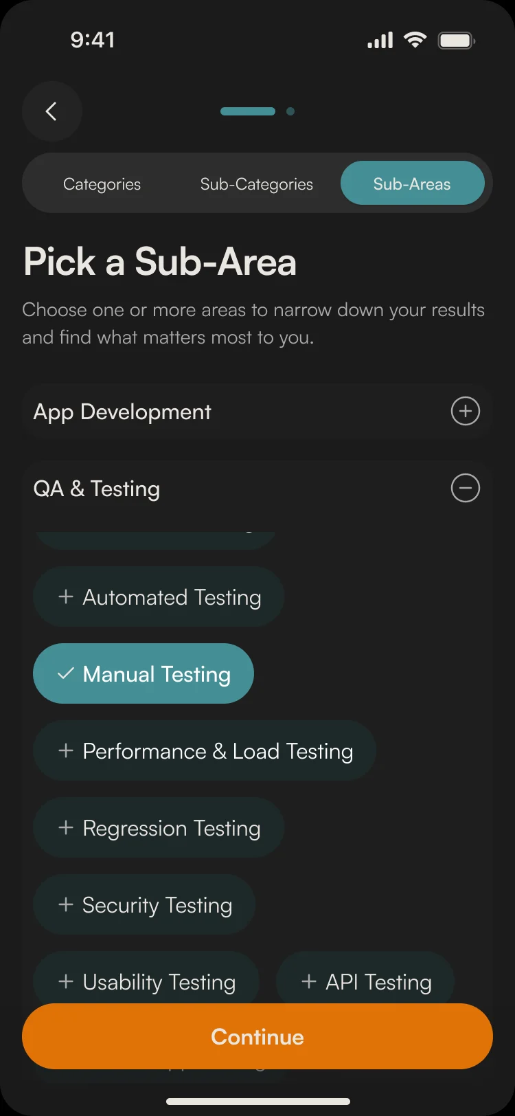Pick a Sub-Area: QA & Testing open with Manual Testing selected among automated, performance, regression, security and usability testing