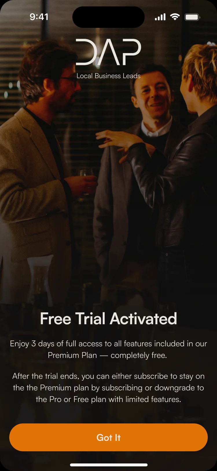 Free Trial Activated: three days of full access, then the choice to subscribe or move to Pro or Free, with Got It