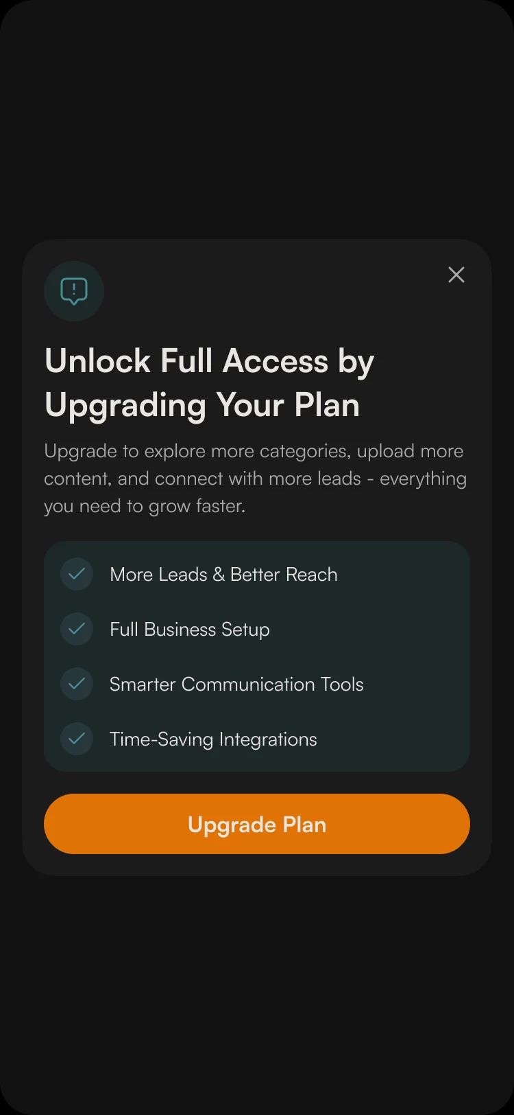 Unlock Full Access by Upgrading Your Plan: more leads, full business setup, smarter communication tools and time-saving integrations, with Upgrade Plan