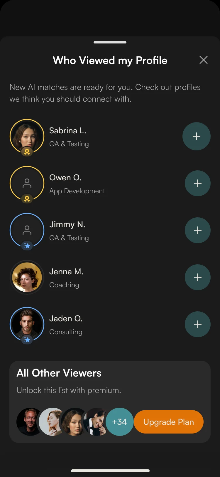 Who Viewed my Profile: five people with add buttons, and All Other Viewers hidden behind an Upgrade Plan button