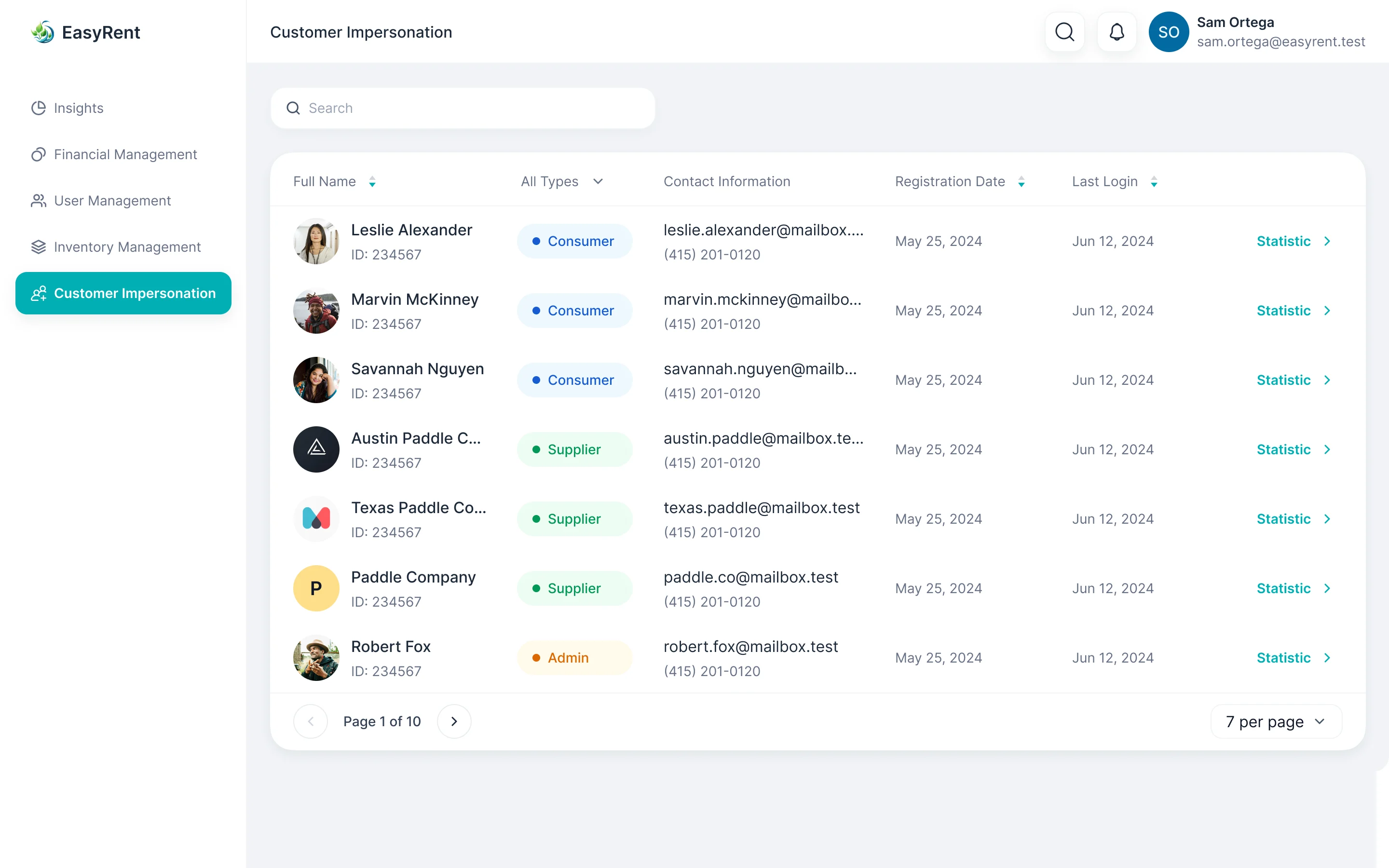 Admin Customer Impersonation: a searchable table of consumers, suppliers and admins with registration and last login dates