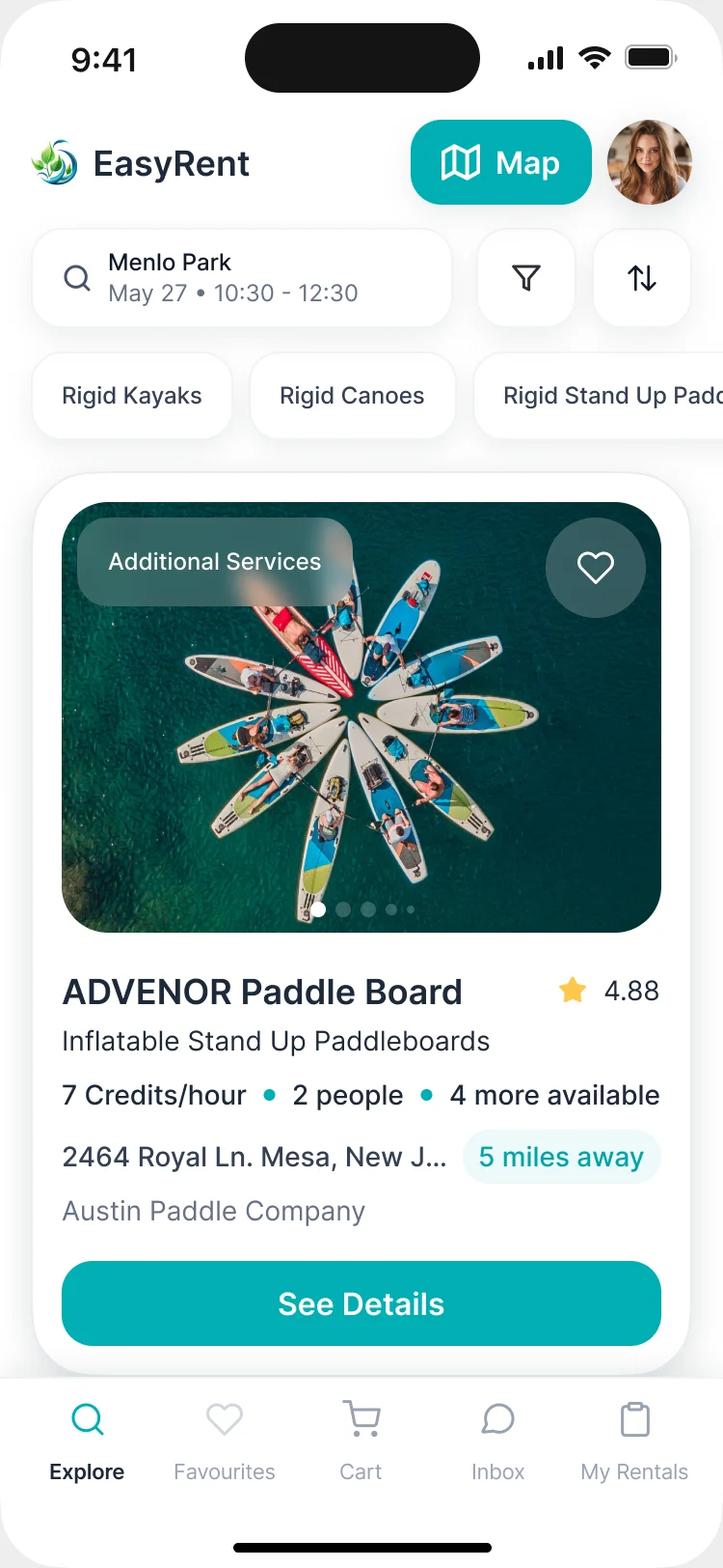 Search results on a phone: the place and time slot filled in, equipment categories and a paddle board card with credits per hour, distance and supplier