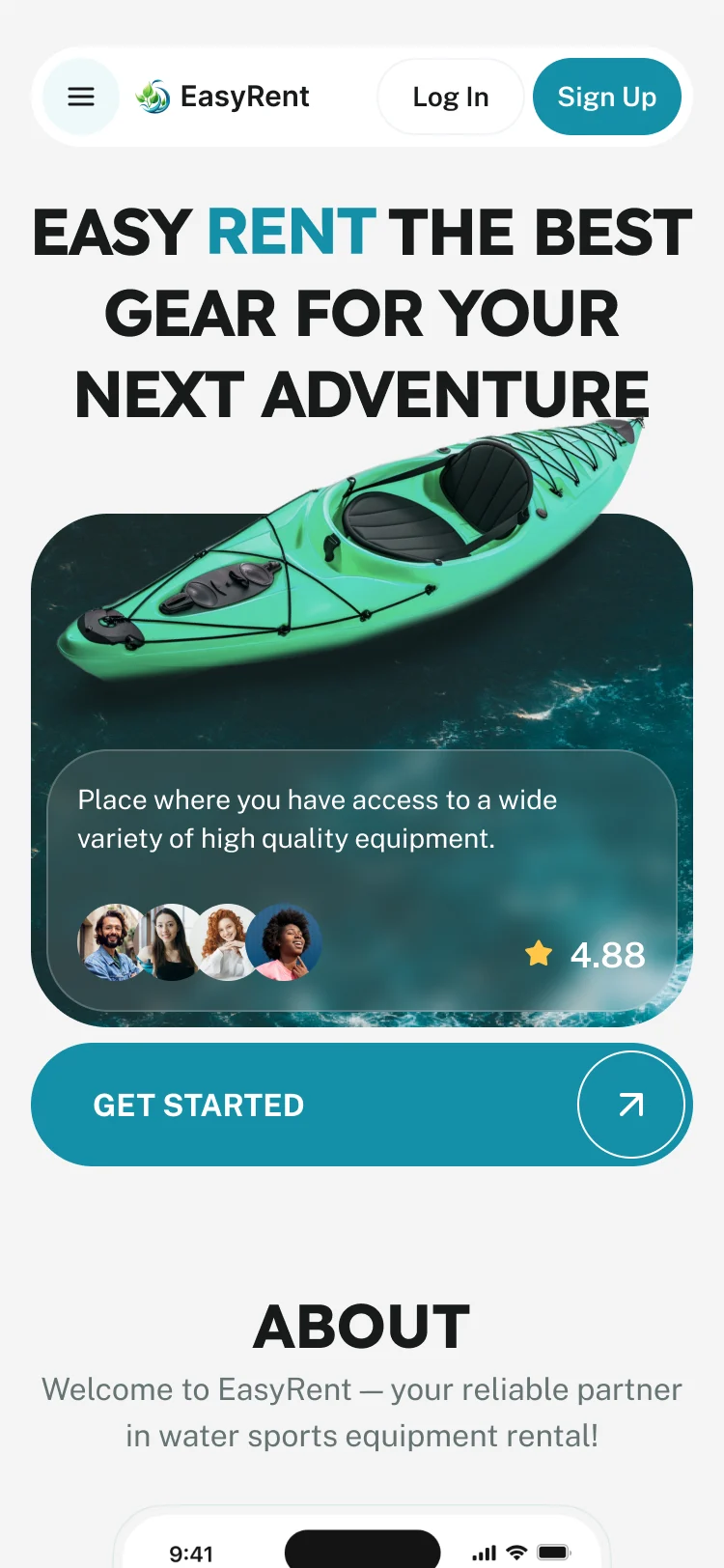 EasyRent landing page on a phone: the menu, Log In and Sign Up, the headline, the kayak photo with a card of renters’ avatars and a 4.88 rating, and Get Started