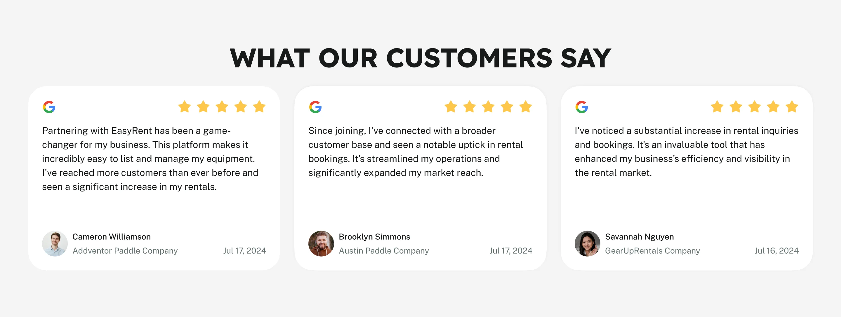 What Our Customers Say: three five-star Google reviews from paddle rental suppliers, each with a photo, a name, the company and a date