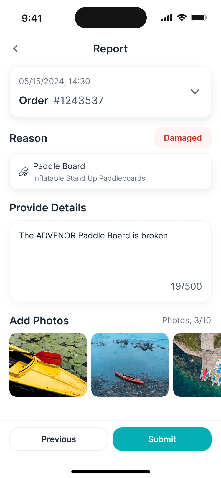 Report on a phone: order number, reason Damaged, the paddle board, details and three photos, with Submit