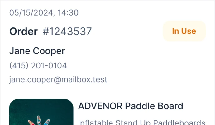 Supplier’s order card: order number, date, status In Use, the renter, the board and its location