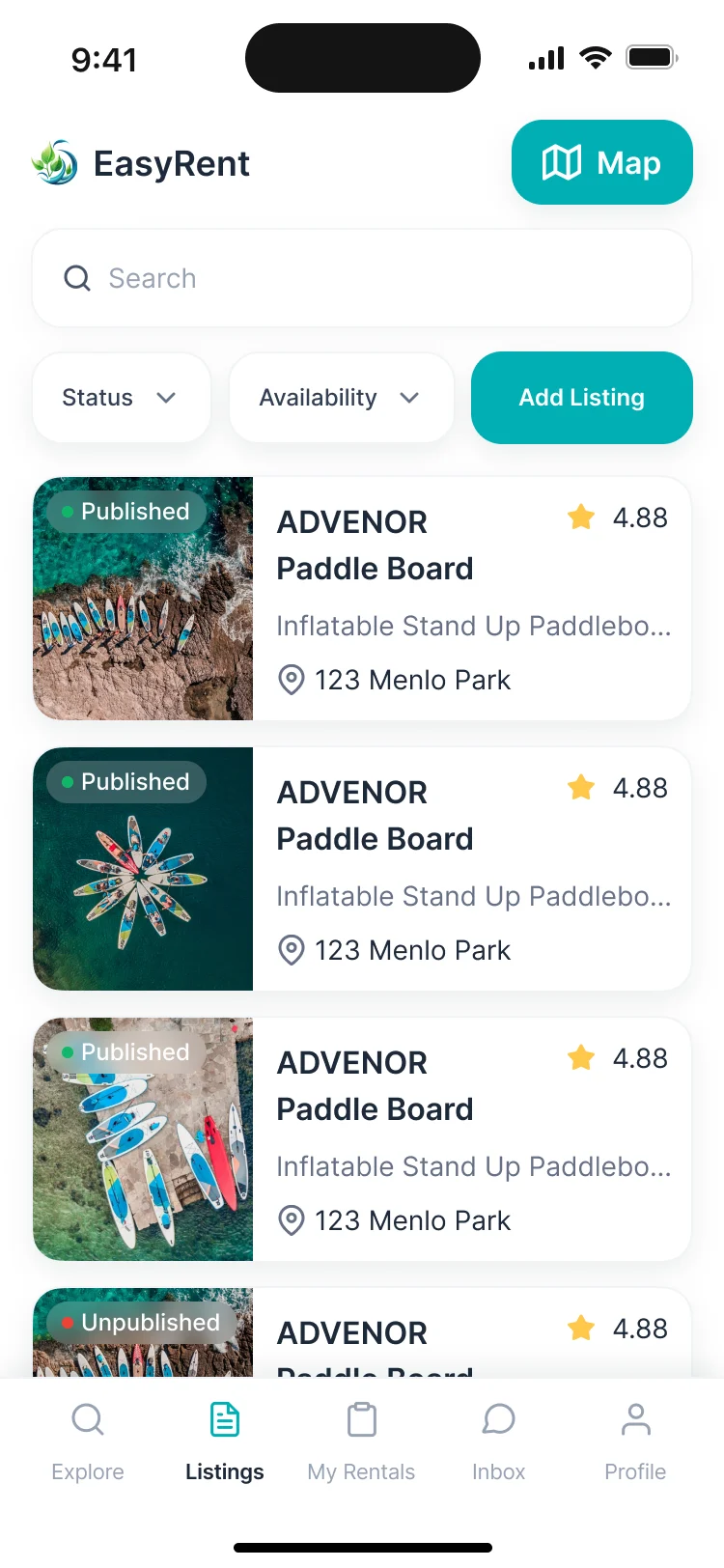 Supplier listings on a phone: search, status and availability filters, Add Listing and paddle board listings marked Published or Unpublished