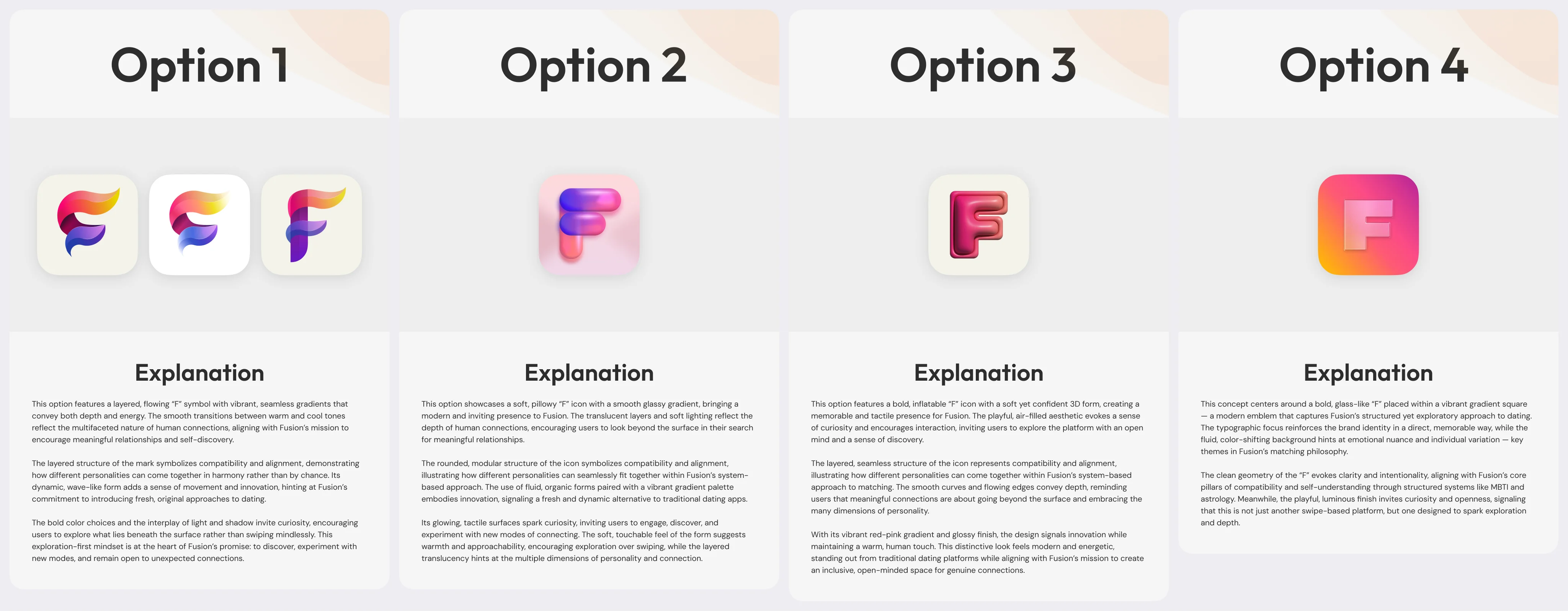 Four logo directions, each with its reasoning: a layered flowing F, a soft glossy F, an inflated 3D F and a glass F on a gradient square