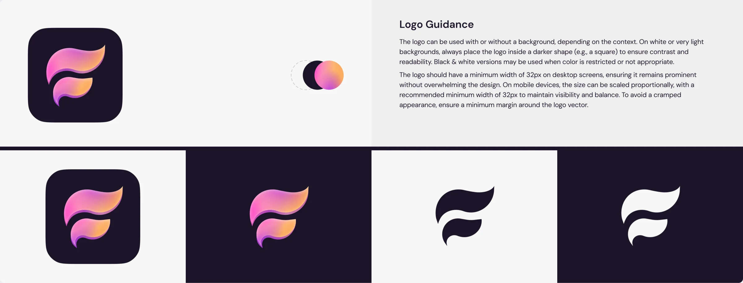 Logo guidance: the app icon, the mark in gradient on dark, in dark on light and in white on dark, with rules for background, minimum width and margin